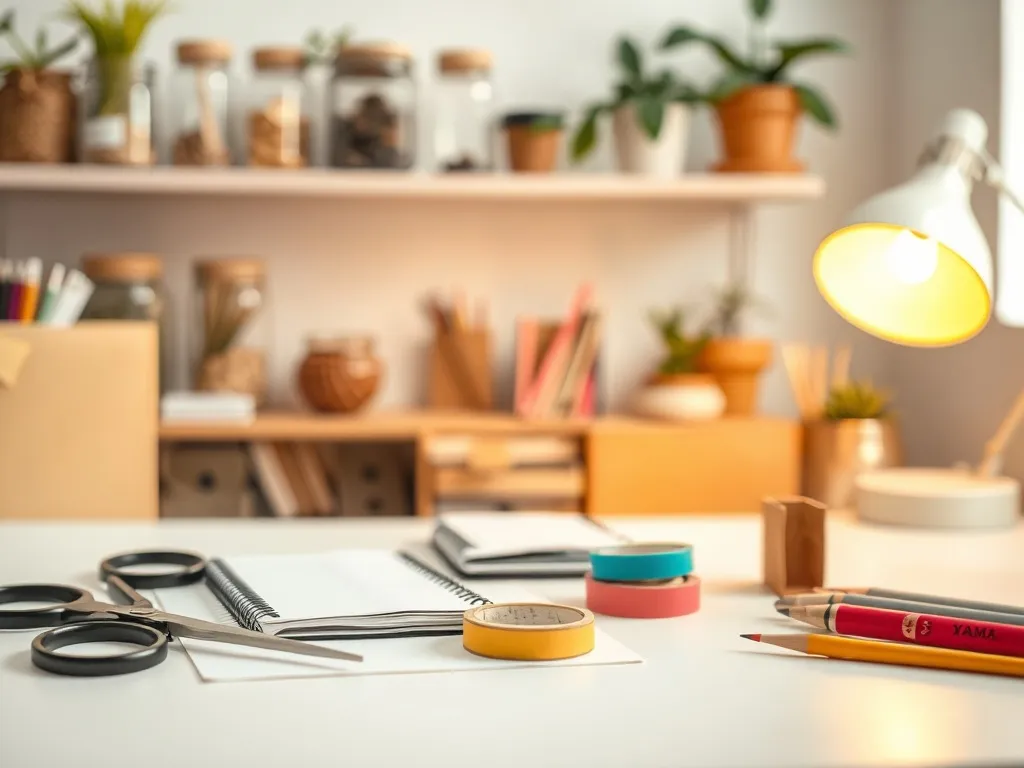 Przytulne biurko z prostymi materiałami plastycznymi, zachęcające do rozpoczęcia pierwszych projektów DIY