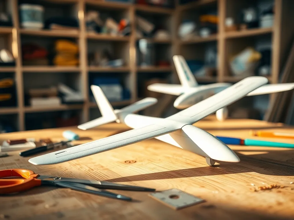 Prosty szybowiec z pianki na drewnianym stole warsztatowym, obok nożyczki, klej i linijka w przytulnym domowym warsztacie.