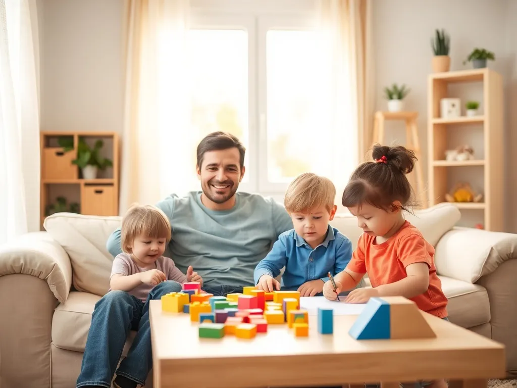 Rodzic z dwojgiem dzieci w różnym wieku bawi się i rysuje w jasnym salonie, podkreślając rodzinny charakter ulgi na dzieci