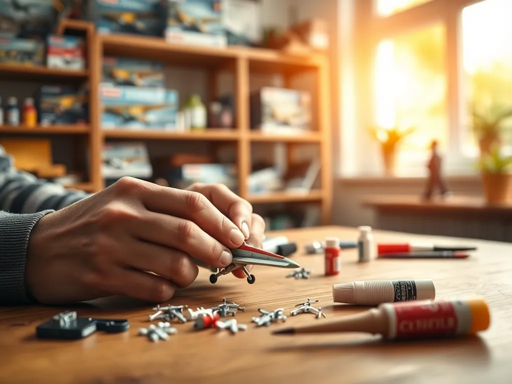 Dłonie składają plastikowy model samolotu na biurku z klejem i farbami, ilustrując początek przygody z modelarstwem.