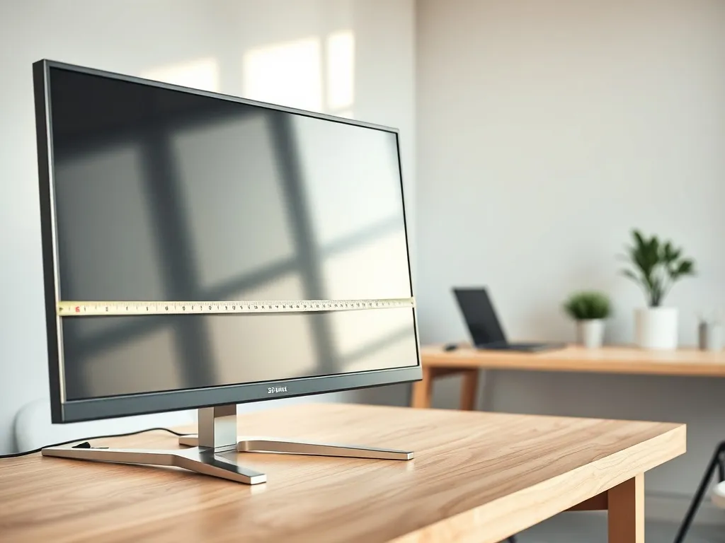 Monitor 32-calowy na biurku z miarką po przekątnej, ilustrujący wymiary ekranu w calach i centymetrach