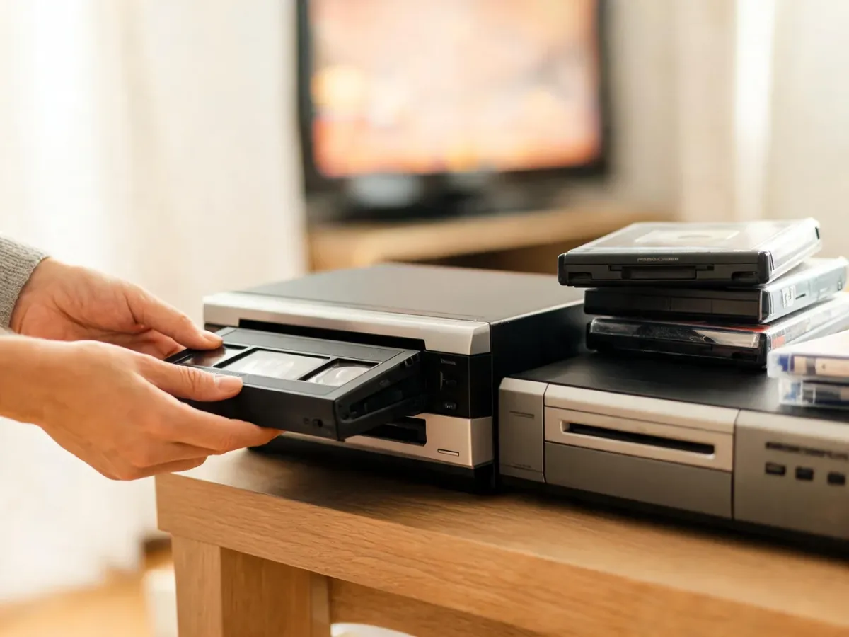 Ręce wkładają kasetę VHS do magnetowidu obok odtwarzacza DVD, ilustrując przegrywanie nagrań w domowych warunkach.